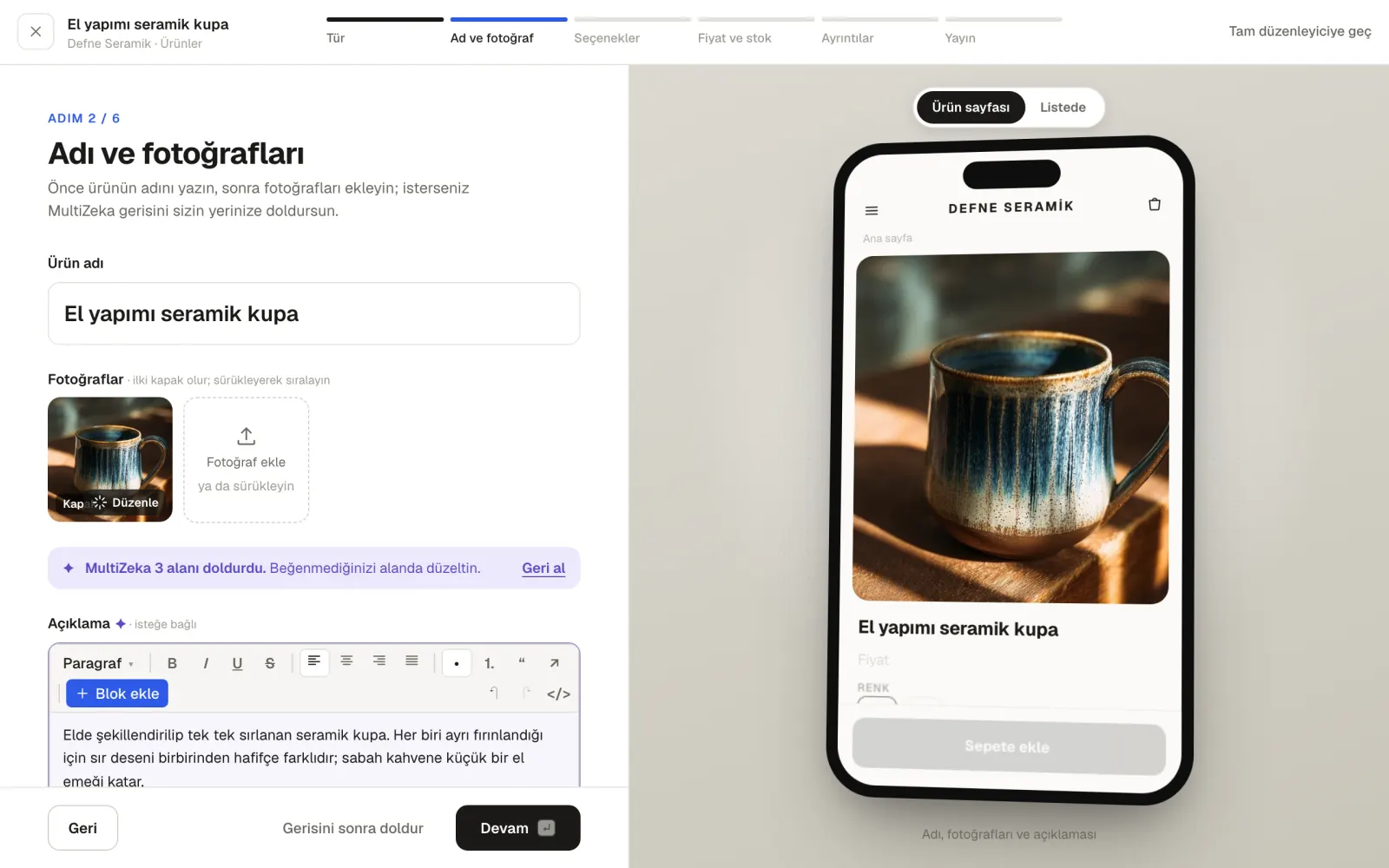 MultiZeka 3 alanı doldurdu bildirimi ve seramik kupa için yazılmış ürün açıklaması; sağda telefon önizlemesi