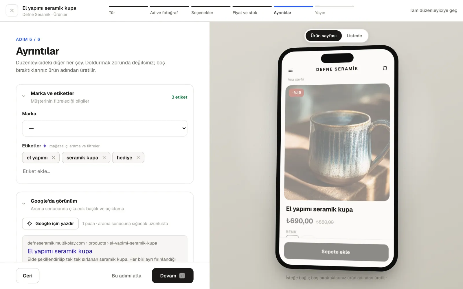 Ayrıntılar adımı: Marka ve etiketler grubu, Google'da görünüm grubu ve arama sonucu önizlemesi